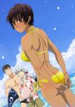  1girl 2boys :d arms_behind_back ass bangs berserk bikini black_hair blue_sky blush breasts brown_eyes butt_crack casca clouds collarbone cowboy_shot dark_skin day dutch_angle eyebrows_visible_through_hair floral_print griffith guts hair_ribbon jewelry long_hair looking_back medium_breasts multiple_boys necklace ocean open_clothes open_mouth open_shirt otowe outdoors ponytail red_ribbon ribbon shiny shiny_skin short_hair shorts silver_hair sky smile sweatdrop swimsuit swimwear yellow_bikini 