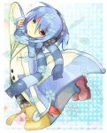  1boy blue_background blue_eyes blue_hair blue_scarf looking_at_viewer multicolored_coat polka_dot polka_dot_background puyopuyo red_eyes red_footwear rento_(rukeai) scarf shoes sig_(puyopuyo) snowflakes solo 