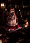  1girl book book_stack bookshelf boots brown_hair bug butterfly covering_mouth dark dress emone04 highres insect ladder lantern layered_dress library note open_book original pinafore_dress red_dress solo standing table white_dress yellow_eyes 