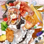  1girl animal_ears apron bell bell_collar blush_stickers breasts carrot cat_hair_ornament cat_paws collar dango doughnut egg eggplant fangs fate/grand_order fate_(series) food fox_ears fox_tail gloves hair_ornament hair_ribbon indoors jingle_bell kitchen large_breasts long_hair maid_headdress milk omelet paw_gloves paws pink_hair ponytail red_ribbon ribbon rice solo tail tamamo_(fate)_(all) tamamo_cat_(fate) tomato wagashi yellow_eyes yubacha 