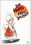  1girl 2018 :d animal_ears chinese_zodiac commentary_request dog_(kemono_friends) dog_ears dog_tail dress english gloves happy_new_year hat kemono_friends looking_at_viewer new_year open_mouth orange_hair pink_footwear red_eyes red_skirt roonhee scarf shoes short_hair signature skirt smile solo standing tail v_arms white_dress year_of_the_dog 