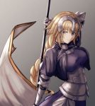  1girl armor armored_dress banner blonde_hair blue_eyes braid breasts eyebrows_visible_through_hair fate/apocrypha fate_(series) grey_background hair_between_eyes holding jeanne_d&#039;arc_(fate) jeanne_d&#039;arc_(fate)_(all) large_breasts long_hair looking_at_viewer moppo ponytail single_braid solo very_long_hair 