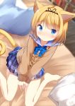  1girl animal_ears bangs bed between_legs black_ribbon blonde_hair blue_eyes blue_neckwear blue_sailor_collar blue_skirt blurry blurry_background blush book bookshelf bow bowtie brown_cardigan cardigan cat_ears cat_girl cat_tail chinomaron closed_mouth commentary_request depth_of_field eyebrows_visible_through_hair gochuumon_wa_usagi_desu_ka? hair_ribbon hand_between_legs highres kemonomimi_mode kirima_sharo long_sleeves looking_at_viewer on_bed pillow plaid plaid_skirt pleated_skirt ribbon sailor_collar school_uniform serafuku sitting skirt solo tail wariza 