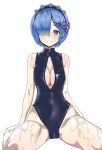  1girl be_garam black_swimsuit blue_eyes blue_hair breasts cleavage cleavage_cutout front_zipper_swimsuit hair_ornament hair_over_one_eye hair_ribbon highleg highleg_swimsuit highres looking_at_viewer meme_attire one-piece_swimsuit pink_ribbon re:zero_kara_hajimeru_isekai_seikatsu red_ribbon rem_(re:zero) ribbon short_hair sitting solo swimsuit turtleneck wariza wet wet_clothes wet_swimsuit x_hair_ornament 