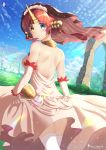  1girl backless_outfit blue_eyes blue_sky blush bridal_veil brown_hair chinchongcha day detached_sleeves dress fate/apocrypha fate_(series) frankenstein&#039;s_monster_(fate) from_behind heterochromia highres horn looking_at_viewer looking_back open-back_dress outdoors short_hair signature sky smile solo standing thigh-highs veil wedding_dress white_dress white_legwear yellow_eyes 