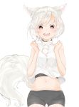  1girl absurdres animal_ears forearms_at_chest groin highres inubashiri_momiji looking_at_viewer midriff navel no_hat no_headwear open_mouth red_eyes shorts sketch smile solo tail tei88 touhou white_hair wolf_ears wolf_tail 