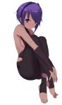  1girl bare_shoulders black_bodysuit blush bodysuit breasts bridal_gauntlets closed_mouth fate/prototype fate/prototype:_fragments_of_blue_and_silver fate_(series) full_body hassan_of_serenity_(fate) highres large_breasts leg_hug mitchi no_shoes purple_hair sidelocks simple_background sitting solo stirrup_legwear toeless_legwear toenails violet_eyes white_background 