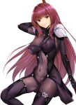  1girl arm_behind_back blush bodysuit breasts closed_mouth covered_navel covered_nipples fate/grand_order fate_(series) highres impossible_clothes large_breasts long_hair looking_at_viewer pauldrons polearm_behind_back purple_bodysuit purple_hair red_eyes scathach_(fate/grand_order) simple_background sitting skin_tight smile solo tomohiro_kai very_long_hair white_background 