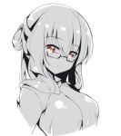  1girl breasts fuuna glasses greyscale looking_at_viewer monochrome original red_eyes sketch smile solo spot_color 