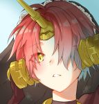  1girl ahoge fate/apocrypha fate_(series) frankenstein&#039;s_monster_(fate) hair_over_one_eye parted_lips portrait redhead short_hair solo yellow_eyes 