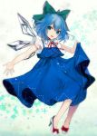  1girl :d absurdres blue_dress blue_hair bow cirno commentary daimaou_ruaeru dress dress_lift english_commentary full_body green_bow hair_bow head_tilt high_heels highres ice ice_wings lifted_by_self looking_at_viewer neck_ribbon open_mouth red_bow red_neckwear red_ribbon ribbon short_hair smile solo sparkle touhou white_background white_footwear wing_collar wings 