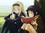  1girl 2girls against_tree aleksandra_i_pokryshkin bandage bandage_on_face bangs black_hair black_legwear blonde_hair blue_eyes blue_hairband blue_skirt bomber_jacket book brave_witches brown_jacket buttons closed_mouth cup eyebrows grey_eyes hair_between_eyes hairband holding holding_book holding_mug jacket kanno_naoe long_hair long_sleeves looking_at_another military military_uniform miniskirt mug multiple_girls open_book outdoors pantyhose parted_bangs pleated_skirt reading scarf shiratama_(hockey) short_hair sitting skirt smile solo straight_hair tree uniform world_witches_series yellow_scarf 