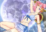  1girl bandage bandaged_arm bandaged_leg bikini blue_bikini blue_eyes breasts cleavage dahadekan detached_sleeves double_bun electricity fang fate/grand_order fate_(series) frankenstein&#039;s_monster_(fate) full_moon hair_ornament hair_over_one_eye hairclip horn looking_at_viewer moon pink_hair short_hair solo swimsuit 