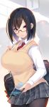  1girl absurdres black_hair bob_cut breasts cellphone glasses highres large_breasts looking_at_viewer necktie original phone pleated_skirt school_uniform shiki_(psychedelic_g2) short_hair skirt smartphone solo thigh-highs violet_eyes 