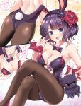  1girl :d animal_ears ass bangs bare_shoulders blue_eyes blush bow bowtie breasts brown_legwear bunny_girl bunny_tail bunnysuit cleavage commentary_request detached_collar eyes_visible_through_hair fake_animal_ears fate/grand_order fate_(series) flower hair_flower hair_ornament highres katsushika_hokusai_(fate/grand_order) large_breasts legs_crossed leotard looking_at_viewer masayo_(gin_no_ame) octopus open_mouth pantyhose purple_hair rabbit_ears short_hair smile solo tail wrist_cuffs 