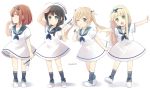  4girls :o ahoge anchor_hair_ornament blonde_hair bloomers blue_eyes blue_neckwear braid brown_hair dress finger_to_mouth green_eyes hair_ornament hair_over_shoulder hair_ribbon hairband hat highres kantai_collection kneehighs light_brown_hair long_hair looking_at_viewer looking_to_the_side mini_flag multiple_girls murasame_(kantai_collection) neckerchief one_eye_closed outstretched_arms ribbon sailor_collar sailor_dress sailor_hat salute shigure_(kantai_collection) shiratsuyu_(kantai_collection) shoes short_hair short_sleeves simple_background single_braid spread_arms twintails twitter_username underwear white_background white_dress younger yukichi_(eikichi) yuudachi_(kantai_collection) 