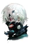  1boy eyepatch from_side hair_over_one_eye hankuri kaneki_ken mask mask_over_one_eye profile red_eyes short_hair solo teeth tokyo_ghoul white_hair 