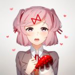  1girl bangs blurry blurry_foreground blush commentary depth_of_field doki_doki_literature_club english_commentary eyebrows_visible_through_hair food fork fruit hair_ornament hair_ribbon hairclip heart highres looking_at_viewer natsuki_(doki_doki_literature_club) open_mouth pink_eyes pink_hair pov pov_feeding red_ribbon ribbon sasoura school_uniform short_hair simple_background solo strawberry swept_bangs two_side_up upper_body white_background 