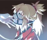  1girl bangs blonde_hair braid bridle brown_background collar collared_jacket eyebrows_visible_through_hair fate/apocrypha fate_(series) green_eyes jacket leash long_hair looking_away mordred_(fate) mordred_(fate)_(all) o-ring open_clothes open_jacket parted_lips ponytail portrait profile red_jacket solo_focus yorukun 