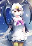 1girl absurdres black-tailed_gull_(kemono_friends) blue_sky clouds commentary_request cowboy_shot dress eyebrows_visible_through_hair frilled_dress frills grey_hair hair_between_eyes head_wings highres japari_symbol kanzakietc kemono_friends long_hair looking_at_viewer multicolored_hair pantyhose sailor_dress short_sleeves sky smile solo white_dress white_hair yellow_eyes yellow_legwear 