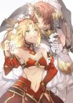  2girls bare_shoulders blonde_hair breasts brown_hair cleavage detached_collar detached_sleeves fate/apocrypha fate/grand_order fate_(series) flower frankenstein&#039;s_monster_(fate) green_eyes hair_flower hair_ornament hair_over_one_eye hand_on_hip highres horn medium_hair mordred_(fate) mordred_(fate)_(all) multiple_girls navel no-kan revealing_clothes short_hair small_breasts strapless sweatdrop tubetop under_boob veil yellow_eyes 