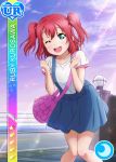 blue_skirt blush green_eyes kurosawa_ruby love_live!_school_idol_festival love_live!_sunshine!! official_art pink_bag pink_hair purple_sky road short_hair sky smile sunlight wink