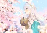  1girl anastasia_(fate/grand_order) blue_cloak blue_eyes blush brown_hairband cherry_blossoms commentary_request doll fate/grand_order fate_(series) fur-trimmed_cloak highres holding holding_doll kumonon_(8f2k3) long_hair petals royal_robe silver_hair solo 