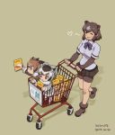  3girls :d :o absurdres animal_ears ankle_boots bear_ears bike_shorts boots bow bowtie brown_bear_(kemono_friends) brown_hair child closed_eyes coat commentary_request dated eurasian_eagle_owl_(kemono_friends) fingerless_gloves fur_trim gloves grey_hair head_wings heart highres kemono_friends long_sleeves multiple_girls northern_white-faced_owl_(kemono_friends) open_mouth orange_eyes pantyhose parted_lips purple_legwear roonhee shoes shopping_cart short_hair short_sleeves signature smile standing walking white_legwear 