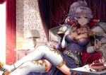  1girl breasts cake cape elbow_gloves fire_emblem fire_emblem:_seisen_no_keifu food gloves high_heels holding holding_spoon indoors ishtar_(fire_emblem) large_breasts long_hair looking_at_viewer pauldrons ponytail purple_hair sitting solo spoon strawberry_shortcake thigh-highs utensil violet_eyes wanini 