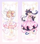  2girls angel_wings animal_ears arm_up bell black_dress black_hair brown_hair card_captor_sakura cat_ears cat_tail character_name choker closed_eyes dress drill_hair fake_animal_ears highres holding holding_wand hoshi_no_tsue jingle_bell kangyui kero li_meiling long_hair multiple_girls one_eye_closed open_mouth pink_dress red_eyes shinomoto_akiho short_dress smile staff standing standing_on_one_leg star tail twintails wand wings 