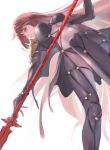  bodysuit breasts covered_navel fate/grand_order fate_(series) gae_bolg holding holding_weapon impossible_bodysuit impossible_clothes large_breasts long_hair looking_to_the_side pauldrons polearm purple_bodysuit purple_hair red_eyes scathach_(fate/grand_order) shoulder_armor spear very_long_hair weapon white_background ya99ru 