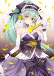  1girl absurdres bangs black_bow bow bracelet choker collarbone elbow_gloves eyebrows_visible_through_hair fan fate/grand_order fate_(series) floating_hair gloves gradient gradient_background green_eyes green_hair hair_between_eyes hair_bow headdress high_ponytail highres holding holding_fan jewelry kiyohime_(fate/grand_order) long_hair looking_at_viewer obi sash skirt_hold smile solo standing striped very_long_hair white_gloves 