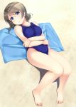  1girl absurdres barefoot blue_eyes blue_swimsuit blue_towel competition_swimsuit covered_navel crossed_arms feet full_body grey_hair highres hino_minato_(spec.c) looking_at_viewer love_live! love_live!_sunshine!! lying one-piece_swimsuit sand short_hair solo swimsuit towel watanabe_you 