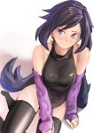  1girl ayame_(gundam_build_divers) bare_shoulders black_hair black_legwear black_leotard blush breasts closed_mouth commentary_request covered_navel elbow_gloves gloves gundam gundam_build_divers highres kilye_4421 leotard long_hair looking_at_viewer low_ponytail medium_breasts ninja ponytail shiny shiny_hair shiny_skin simple_background sitting solo thigh-highs violet_eyes white_background 