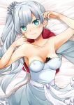  1girl aqua_eyes armor bare_shoulders blush breasts cleavage closed_mouth collarbone covered_nipples dress hair_ornament half-closed_eyes long_hair lying on_back ponytail rwby sakura_hanatsumi scar small_breasts solo strapless strapless_dress sweat very_long_hair wavy_mouth weiss_schnee white_hair 