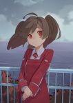  1girl ahoge brown_hair closed_mouth eyebrows_visible_through_hair highres kantai_collection long_sleeves looking_at_viewer ocean outdoors pikumin railing red_eyes ryuujou_(kantai_collection) short_hair short_twintails solo twintails 