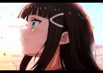  1girl aqua_eyes backlighting bangs black_hair blunt_bangs day face green_eyes hair_ornament hairclip highres kurosawa_dia letterboxed long_hair love_live! love_live!_sunshine!! omaaruebi_no_rizotto portrait profile sidelocks smile solo 