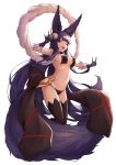  1girl ;d absurdres animal_ears bangs bell black_legwear black_panties blue_hair blunt_bangs breasts covered_nipples erune eyebrows_visible_through_hair fang fox_shadow_puppet gloves granblue_fantasy hair_bell hair_ornament highres jingle_bell koretsuki_azuma large_breasts long_hair navel one_eye_closed open_mouth panties red_eyes sidelocks simple_background smile solo string_panties tail thigh-highs underwear white_background yuel_(granblue_fantasy) 