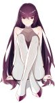  1girl breasts cleavage collarbone dress fate/grand_order fate_(series) high_heels highres legs_crossed long_hair looking_at_viewer purple_hair red_eyes scathach_(fate/grand_order) see-through sheer_clothes sitting smile solo very_long_hair vic white_legwear 