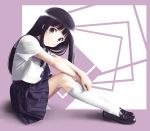  1girl black_hair blue_skirt chitanda_eru commentary_request from_side hands_on_own_legs highres hyouka kneehighs long_hair looking_at_viewer looking_to_the_side school_uniform serafuku shirt shoes sitting skirt smile solo tora_tsugumi violet_eyes white_legwear white_shirt 