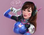  1girl animal_print asian bangs blue_bodysuit bodysuit bracer breasts brown_eyes brown_hair bunny_print character_name d.va_(overwatch) facepaint facial_mark gloves headphones heart high_collar highres joshua_carrenca lavender_background long_hair looking_at_viewer nose open_mouth overwatch pilot_suit pink_lips ribbed_bodysuit shoulder_pads simple_background skin_tight small_breasts smile solo speech_bubble spoken_heart swept_bangs upper_body whisker_markings white_gloves 