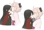  !? 2girls ahoge black_hair blonde_hair commentary_request directional_arrow fate_(series) forehead_kiss from_side gloves grey_eyes grey_gloves heart highres kiss koha-ace long_hair long_sleeves multiple_girls multiple_views no_hat no_headwear oda_nobunaga_(fate) okita_souji_(fate) red_eyes short_hair smile upper_body white_background yumpnt yuri 