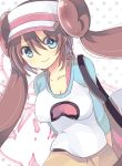  1girl arms_behind_back blue_eyes breasts brown_hair double_bun hat long_hair looking_at_viewer mei_(pokemon) pokemon pokemon_(game) pokemon_bw2 raglan_sleeves rento_(rukeai) skirt smile solo star starry_background twintails yellow_skirt 