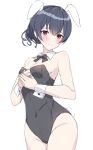 animal_ears bare_legs bare_shoulders blue_hair blush bunny_tail bunnysuit closed_mouth cocona from_below hands_together idolmaster idolmaster_shiny_colors looking_at_viewer morino_rinze rabbit_ears red_eyes short_hair smile tail white_background 