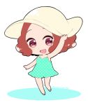  1girl :d blush brown_eyes brown_hair chibi commentary do_m_kaeru hat okumura_haru open_mouth persona persona_5 sandals short_hair smile solo sun_hat swimsuit twitter_username 