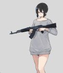  1girl ak-47 akagawa007 assault_rifle black_hair blue_eyes gun highres holding holding_gun holding_weapon no_pants original rifle short_hair simple_background solo sweater trigger_discipline weapon 