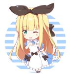  1girl :3 alice_(wonderland) alice_in_wonderland apron black_bow blue_dress blush bow chibi dress fuuna green_eyes hair_bow hand_on_own_chest one_eye_closed solo striped striped_background white_apron 