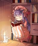  book bookshelf bow candle closed_eyes currypang dress hat hat_bow highres long_hair mob_cap moon_(ornament) patchouli_knowledge pink_dress purple_hair sitting sleeping sleeping_upright touhou very_long_hair 