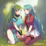  2girls aqua_dress aqua_hair artist_name bare_legs blue_eyes blue_hair blush boots breasts brown_boots closed_mouth couple dress earrings eirika eye_contact female field fingerless_gloves fire_emblem fire_emblem:_rekka_no_ken fire_emblem:_seima_no_kouseki fire_emblem_heroes gloves grass green_eyes green_hair hand_holding high_ponytail jewelry kneeling large_breasts legs long_hair looking_at_another lyndis_(fire_emblem) magical_ondine medium_breasts multiple_girls mutual_yuri nintendo no_armor no_cape open_mouth pelvic_curtain ponytail red_boots red_shirt shirt short_sleeves side_slit sidelocks skirt smile thigh-highs thigh_boots white_flower white_skirt yuri zettai_ryouiki 