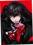  1boy amamiya_ren black_hair gloves hair_between_eyes holding holding_mask hyakutaroh looking_at_viewer male_focus mask parted_lips persona persona_5 red_background red_gloves smile yellow_eyes 